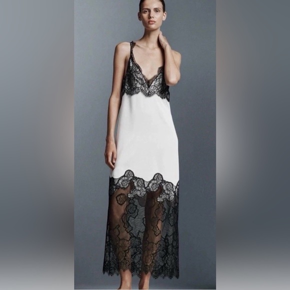 zara white dress black lace SATIN DRESS WITH CONTRAST LACE - Black